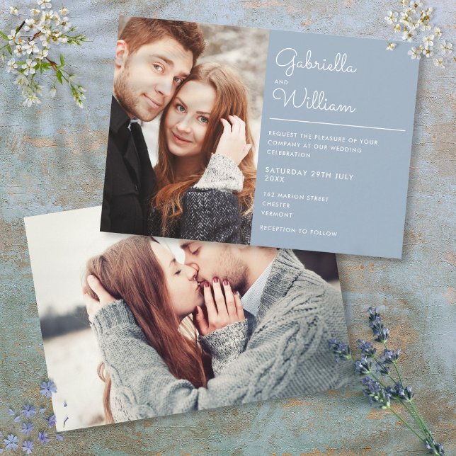 Modern Elegant Bröllopsskrift Dammig Blå 2 Foto Inbjudningar (Modern Elegant Script Dusty Blue 2 Photo Wedding Invitation)