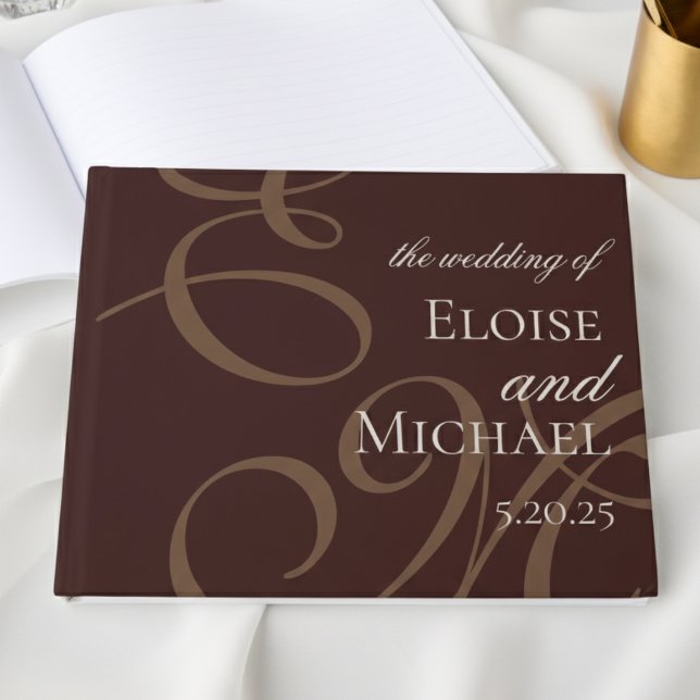 Modern Elegant Brun Monogram Kalligrafi Bröllop  Gästböcker (Collect heartfelt messages and well wishes with this Mousse Brown Wedding Guest Book!)