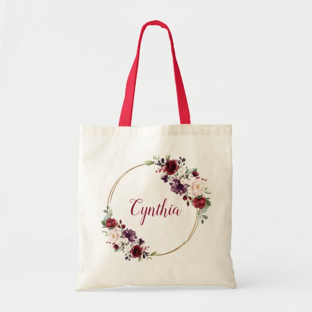 Modern Elegant Burgundy Blommigt Classy Monogram  Tygkasse (Framsidan)