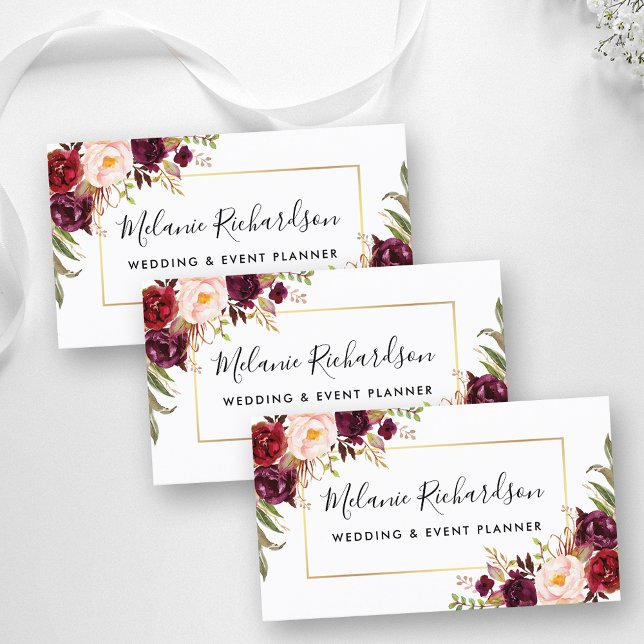 Modern Elegant Burgundy Blommigt Guld Ram Visitkort (Customize to change text size, color or text style.)