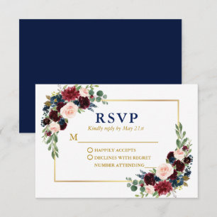 Modern Elegant Burgundy Blue Blommigt Guld Bröllop OSA Kort
