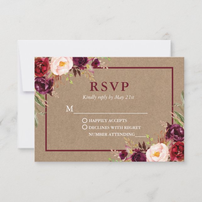 Modern Elegant Burgundy Floral Wedding Kraft OSA Kort (Framsida)