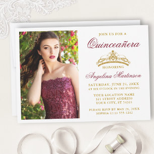 Modern Elegant Burgundy Guld Krona Quinceanera Inbjudningar