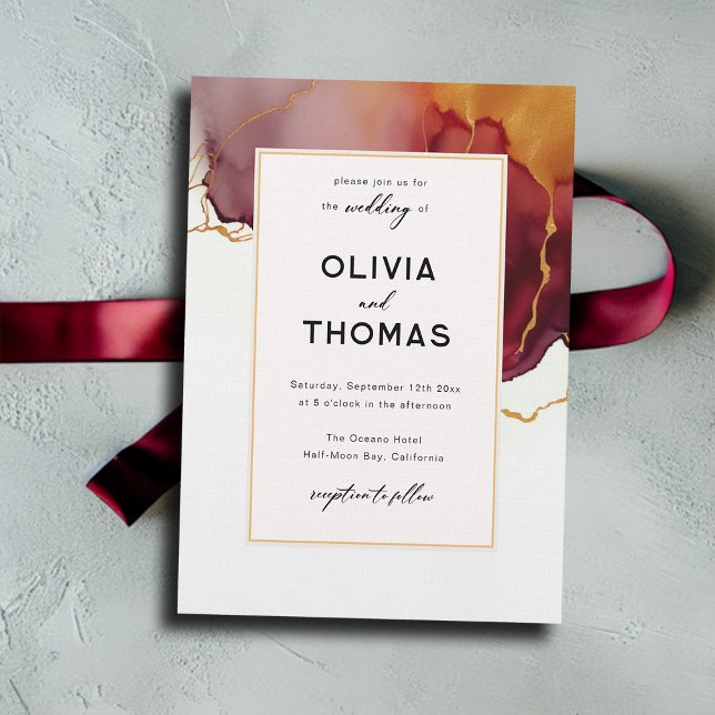 Modern Elegant Burgundy Orange Guld Fallbröllop i Inbjudningar (burgundy orange fall wedding invitation minimalist modern typography elegant calligraphy romantic)