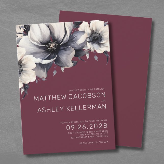 Modern Elegant Burgundy Red Blommigt Bröllop Inbjudningar (Modern Elegant Burgundy Red Floral Wedding Invitation)