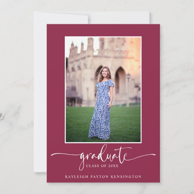 Modern Elegant Burgundy-skript Studenten-foto Meddelande (Framsida)