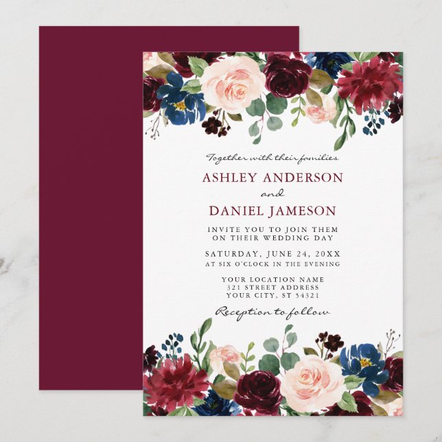 Modern Elegant Burgundy Watercolor Blommigt Bröllo Inbjudningar (Fram/baksida)