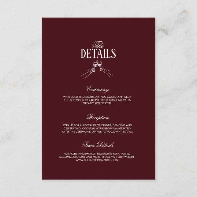 Modern Elegant Burgundy Wedding Details  Tilläggskort (Framsida)