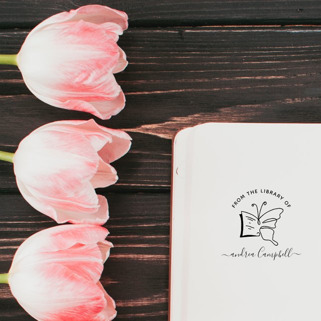 Modern Elegant Butterfly Anpassat namn Bibliotek B Självfärgande Stämpel (Skapare uppladdad)