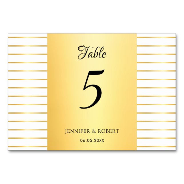 Modern Elegant Calligraphed Script Guld Stripe Bordsnummer (Framsidan)