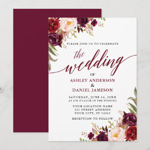 Modern Elegant Calligraphy Blommigt Burgundy Bröll Inbjudningar