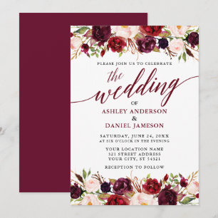 Modern Elegant Calligraphy Blommigt Burgundy Bröll Inbjudningar