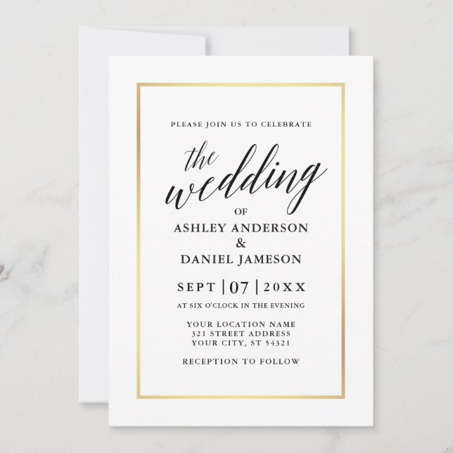 Modern Elegant Calligraphy Bröllop Black and Guld Inbjudningar (Framsida)
