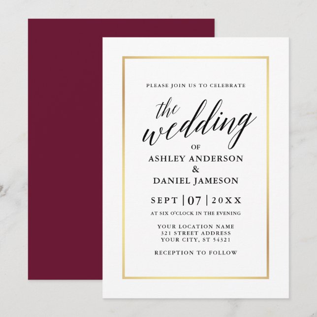 Modern Elegant Calligraphy Bröllop Burgundy Guld Inbjudningar (Fram/baksida)