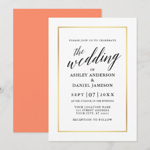 Modern Elegant Calligraphy Bröllop Coral Guld Inbjudningar