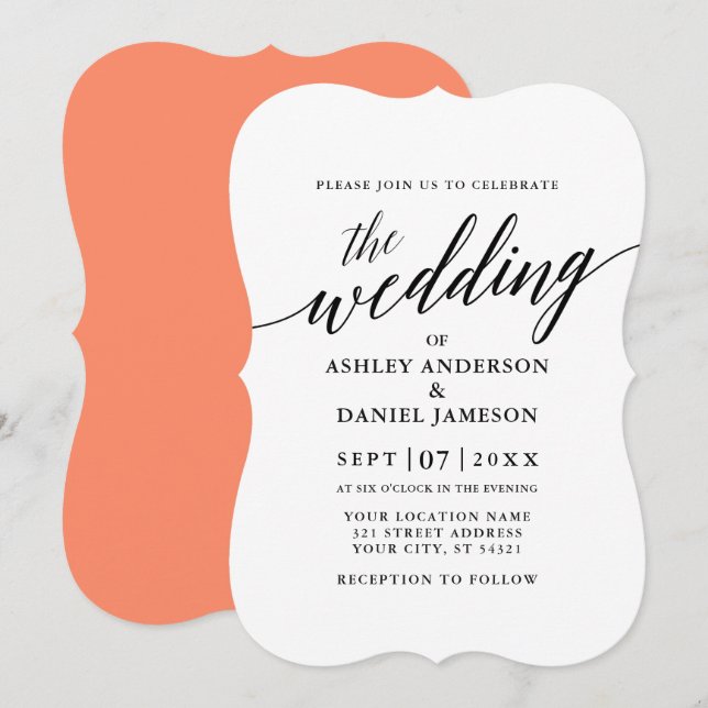 Modern Elegant Calligraphy Bröllop Coral Inbjudningar (Fram/baksida)