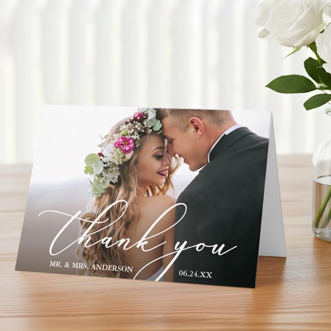 Modern Elegant Calligraphy Bröllop Folded Tack Kort (Customize to add text to inside of card.)