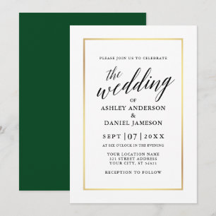 Modern Elegant Calligraphy Bröllop Grönt Guld Inbjudningar