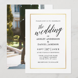 Modern Elegant Calligraphy Bröllop Guld Photo Back Inbjudningar