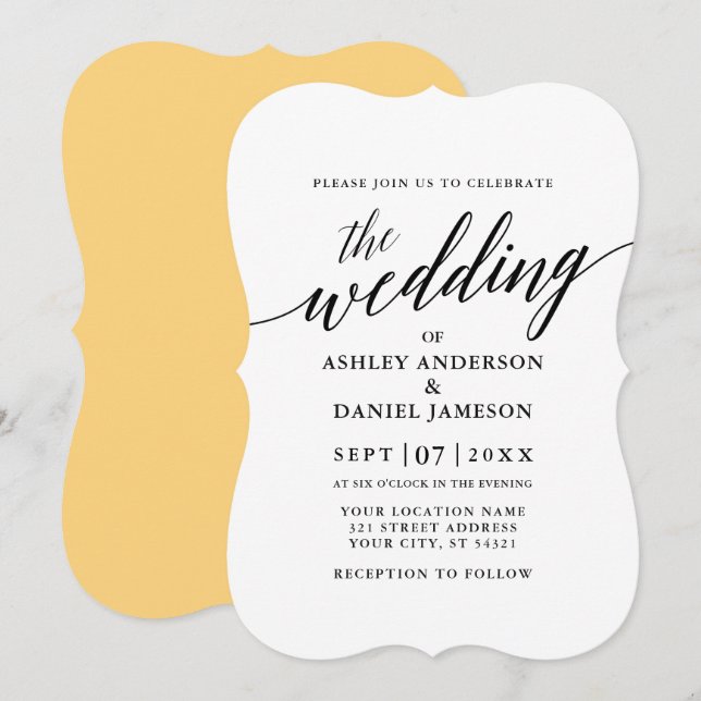 Modern Elegant Calligraphy Bröllop Gult Inbjudningar (Fram/baksida)
