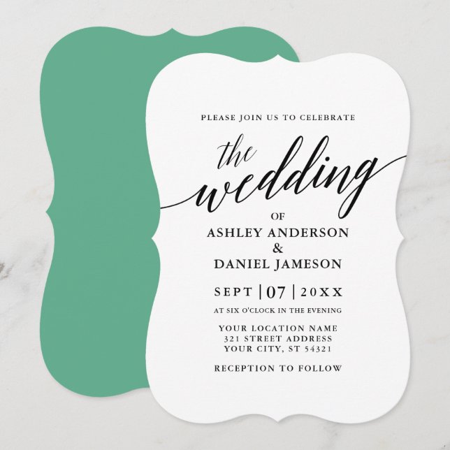 Modern Elegant Calligraphy Bröllop Neo Mint Inbjudningar (Fram/baksida)