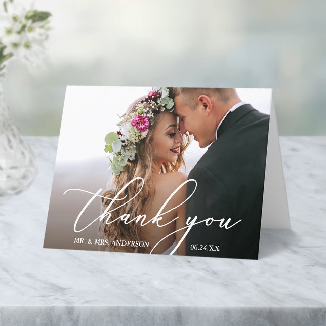 Modern Elegant Calligraphy Bröllop Note Tack Kort (Customize to add text or more photos inside of card.)