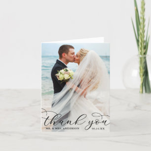 Modern Elegant Calligraphy Bröllop Photo Note B Tack Kort