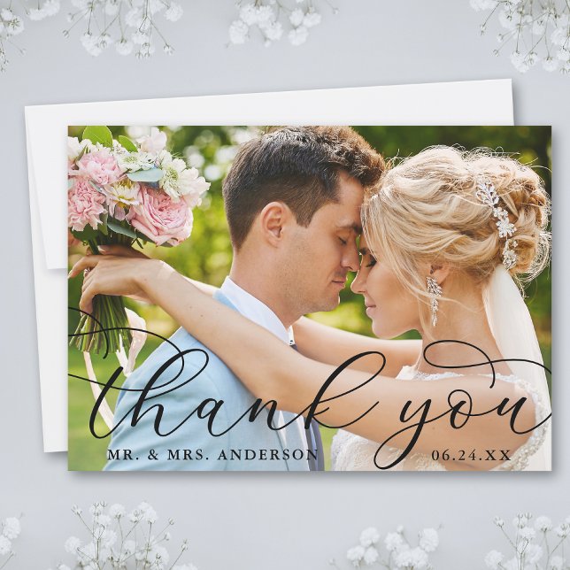 Modern Elegant Calligraphy Bröllop Photo Tack Kort (Customize to add text or more photos to back of card.)