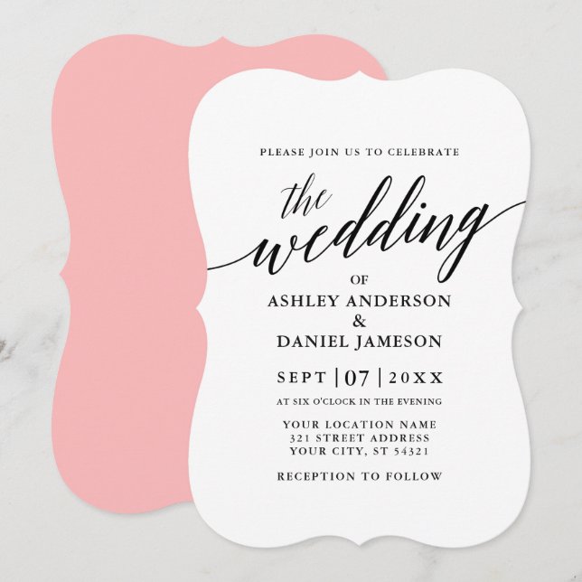 Modern Elegant Calligraphy Bröllop Rosa Back Inbjudningar (Fram/baksida)