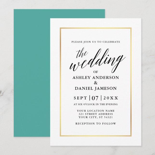 Modern Elegant Calligraphy Bröllop Teal Guld Inbjudningar (Fram/baksida)