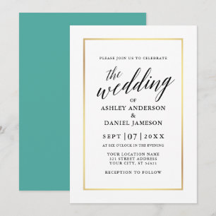 Modern Elegant Calligraphy Bröllop Teal Guld Inbjudningar