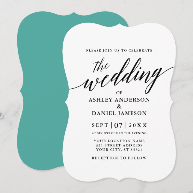 Modern Elegant Calligraphy Bröllop Teal Inbjudningar (Fram/baksida)
