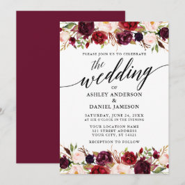 Modern Elegant Calligraphy Burgundy Blommigt Bröll Inbjudningar