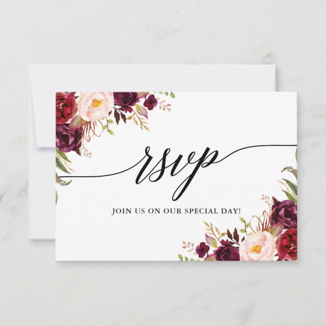 Modern Elegant Calligraphy Burgundy Blommigt Bröll OSA Kort (Framsida)