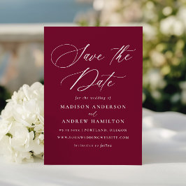 Modern Elegant Calligraphy Burgundy Bröllop Spara Datumet