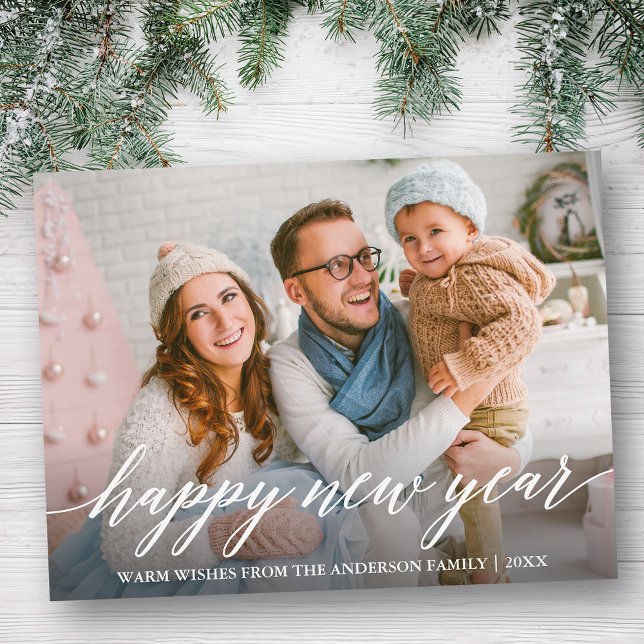 Modern Elegant Calligraphy Gott nytt år Photo Vykort (Customize to change your personalized text size or text style.)