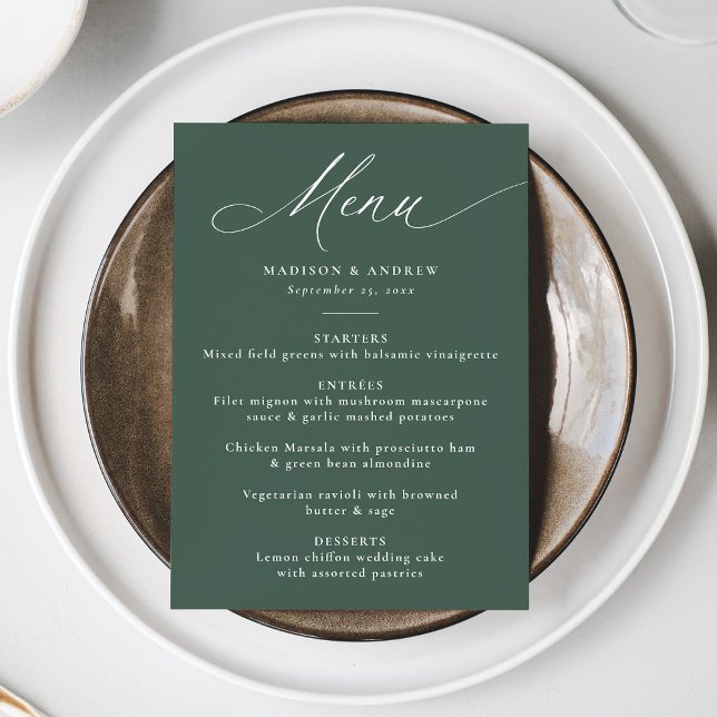 Modern Elegant Calligraphy Grönt Bröllop Meny (Skapare uppladdad)