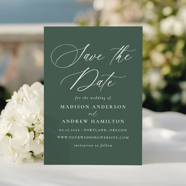 Modern Elegant Calligraphy Grönt Bröllop Spara Datumet (Skapare uppladdad)