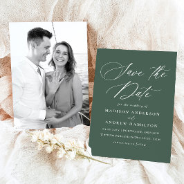 Modern Elegant Calligraphy Grönt Photo Bröllop Spara Datumet