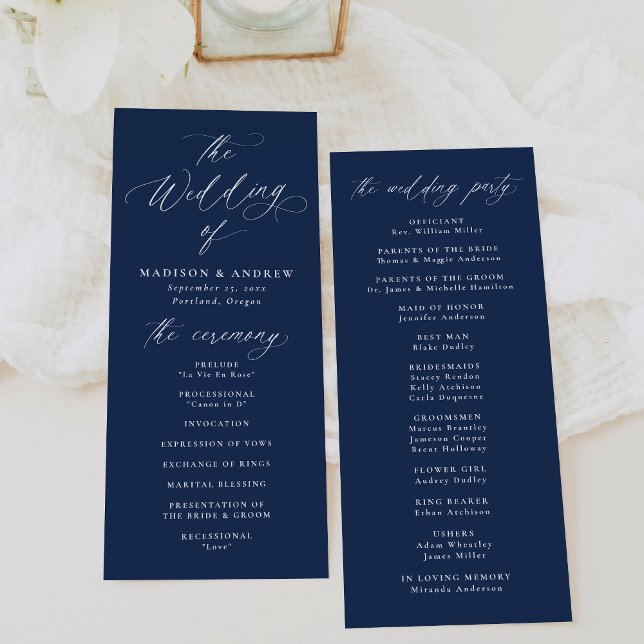 Modern Elegant Calligraphy Navy Bröllop Program (Skapare uppladdad)