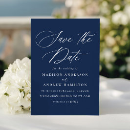 Modern Elegant Calligraphy Navy Bröllop Spara Datumet