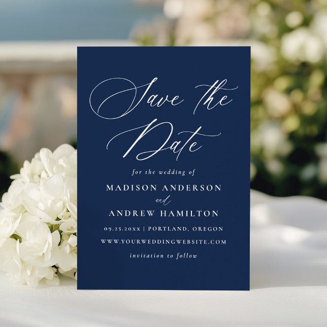 Modern Elegant Calligraphy Navy Bröllop Spara Datumet (Skapare uppladdad)