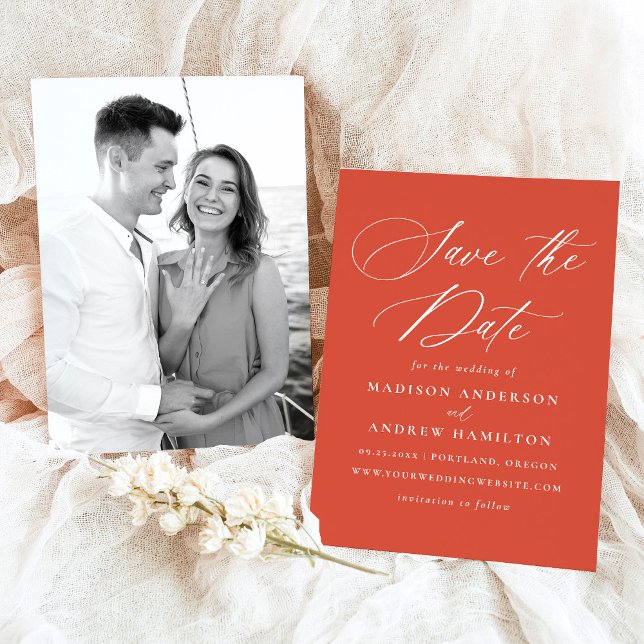 Modern Elegant Calligraphy Orange Photo Bröllop Spara Datumet (Skapare uppladdad)