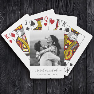 Modern Elegant Calligraphy Photo Bröllop Guest Casinokort
