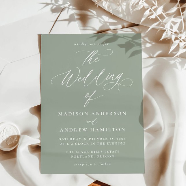 Modern Elegant Calligraphy Sage Grönt Bröllop Inbjudningar (Skapare uppladdad)