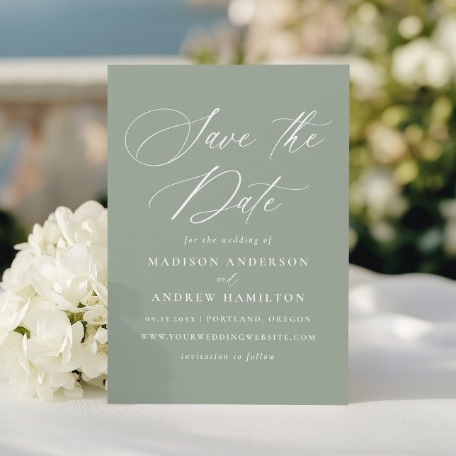 Modern Elegant Calligraphy Sage Grönt Bröllop Spara Datumet (Skapare uppladdad)