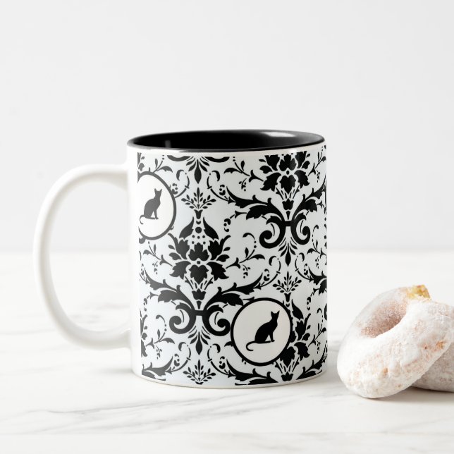 Modern Elegant Cat Damask-mönster Två-Tonad Mugg (Med munk)