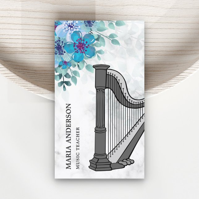 Modern Elegant Chic Blue Blommigt Harp Music Lärar Visitkort (Skapare uppladdad)