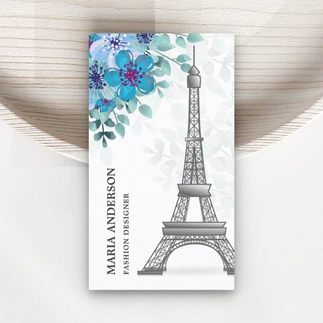 Modern Elegant Chic Blue Blommigt Paris Eiffel Tor Visitkort (Skapare uppladdad)