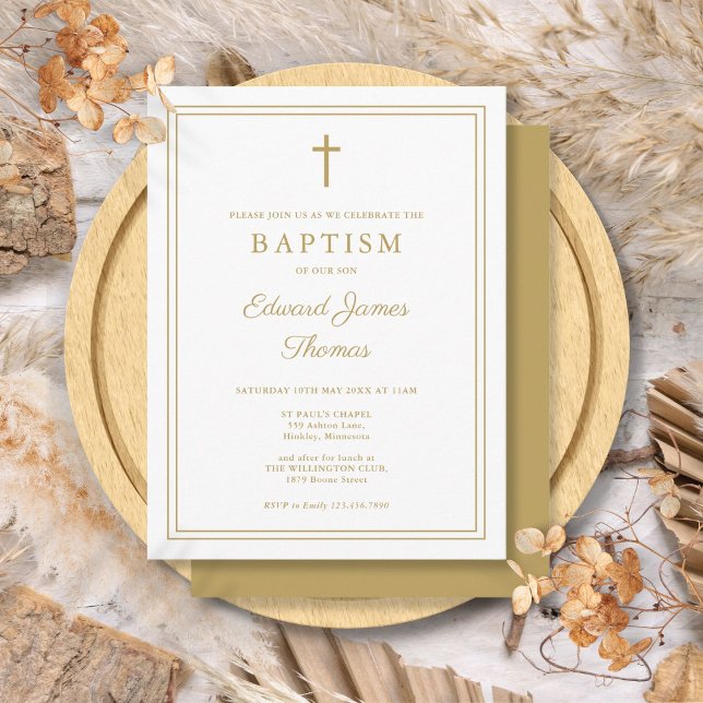 Modern Elegant Chic Guld Kant Dop Inbjudan (Modern Elegant Chic Gold Border Baptism Invitation Postcard)